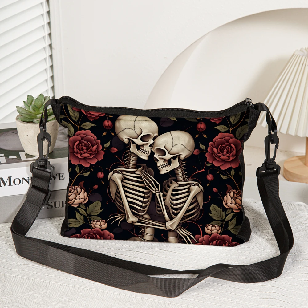 1pc Skeleton Couple Floral Print Crossbody Bag Black Romantic Gothic Design Shoulder Bags For Women Fashion Statement Accessory