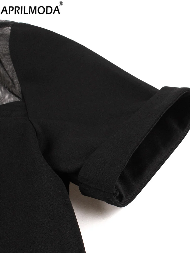 Przezroczysta Czarna Gotycka Krótka Letnia Koszula Elegancka Sukienka Damska Kołnierzyk Patchworkowa Siateczka Lata 50 Retro Vintage Sukienka na Imprezę