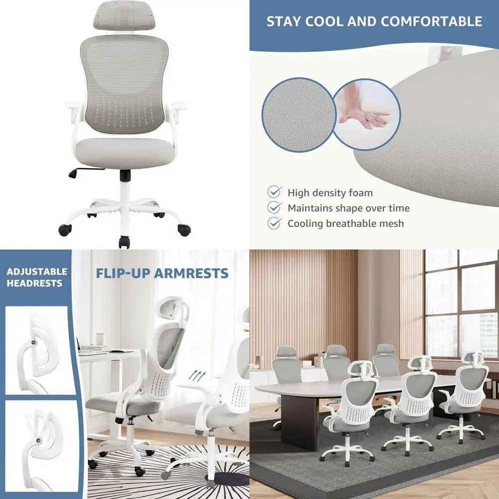 

Эргономичное офисное кресло с высокой спинкой из сетчатой ткани, откидными подлокотниками, регулируемым подголовником и поясничной опорой, идеально подходит для учебы или спальни.