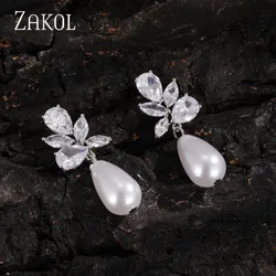 ZAKOL Fashion Imitation Pearl Drop Earring Cubic Zirconia Temperament Women Earrings High Quality Silver Color Trendy Jewelry