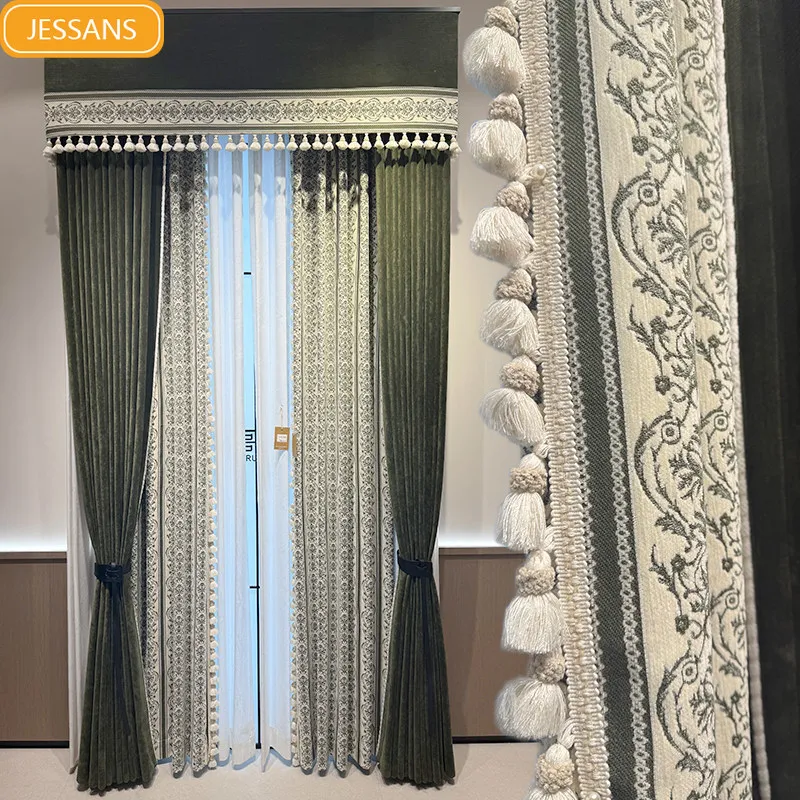 Vintage Dark Green Jacquard Stitching Thickened Chenille Blackout Curtains for Living Room Bedroom French Window Customized
