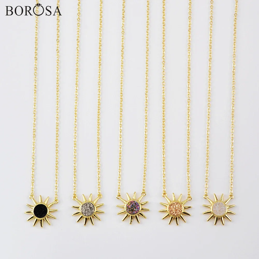 

BOROSA 16" Golden Plated Rainbow Druzy Necklace Round Natural Agates Titanium Druzy Sun Neckalces for Women Statement Jewelry