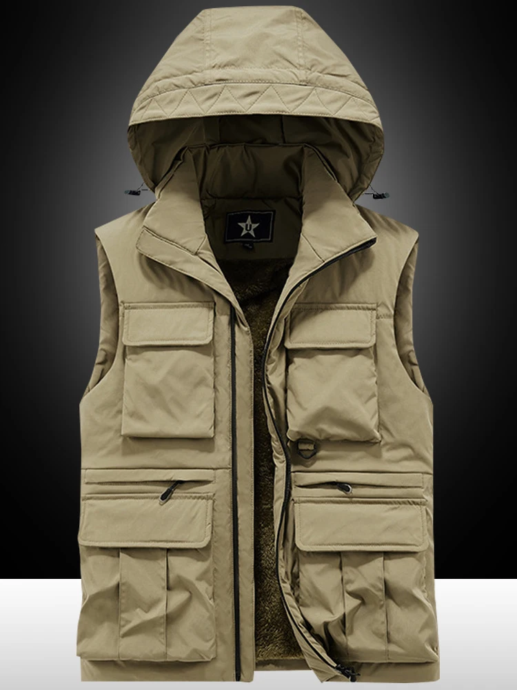 

Зимняя утепленная мужская уличная жилетка с капюшоном, свободного кроя, с множеством карманов, больших размеров, повседневная, модная, теплая, ветрозащитная