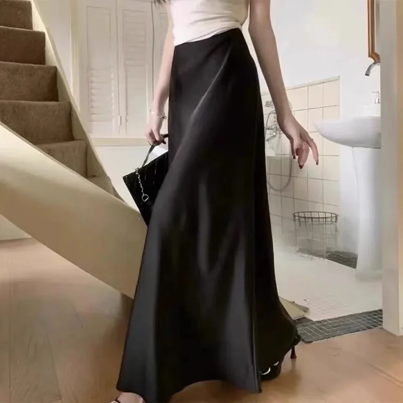 

Ацетатная атласная юбка средней длины с высокой талией, женская винтажная юбка с хвостом, корейская мягкая ткань, чистый цвет