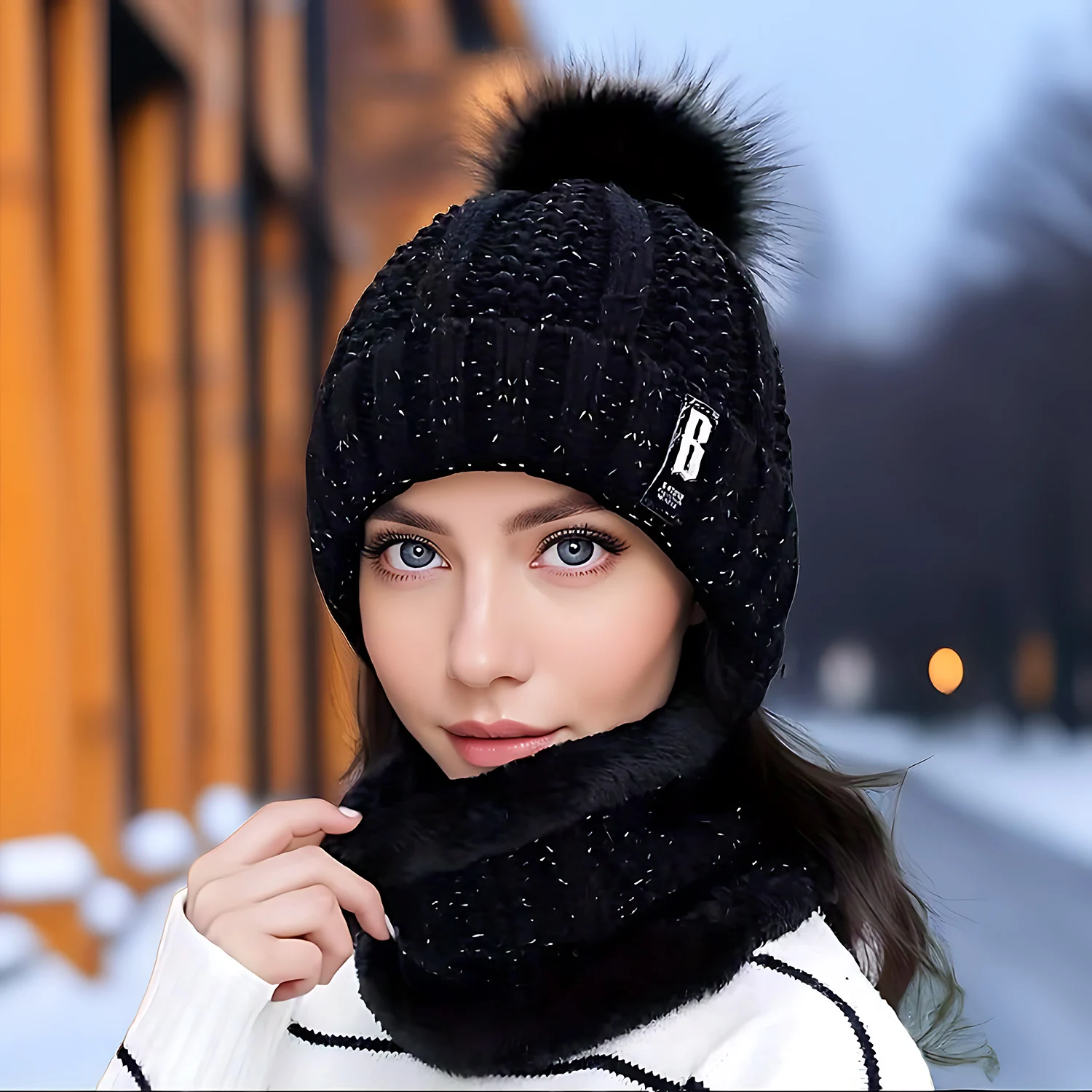 Women\'s Scarf Hat Winter Cycling Padded Warm Knitted Wool Hat Thickened Windproof Scarf Hat Warm and Cold Knitted Hat