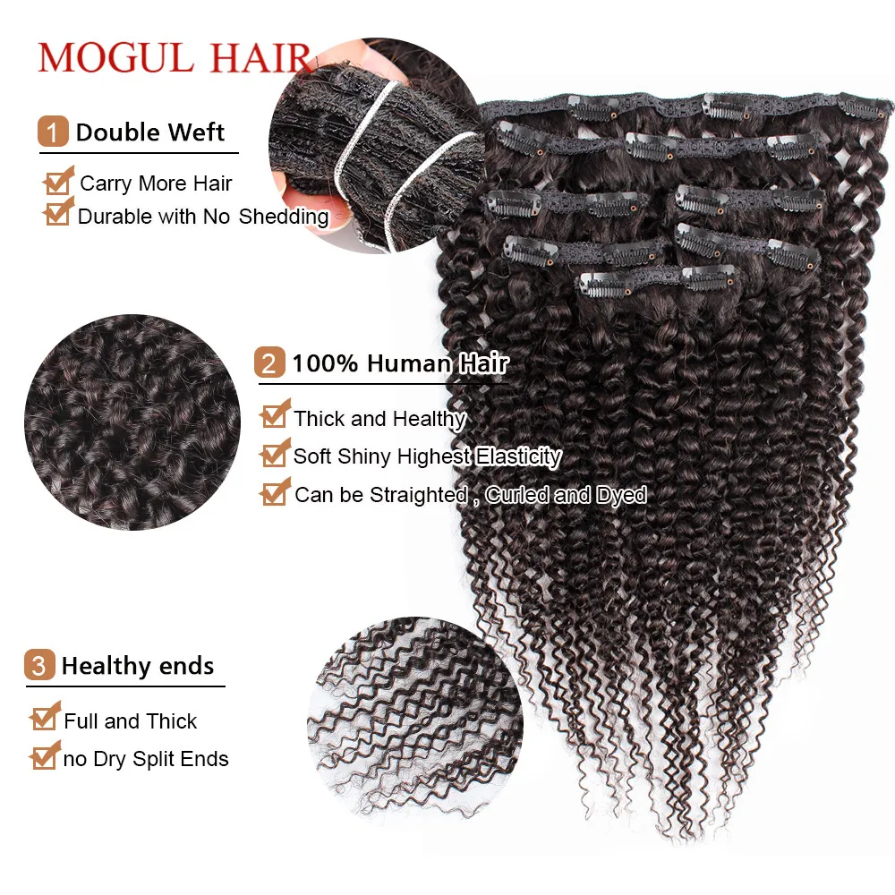 Extensiones de cabello con Clip, cabello humano rizado Afro, estilo completo, 7 unidades/juego, Color negro Natural, cabello Remy indio de 14-24 pulgadas