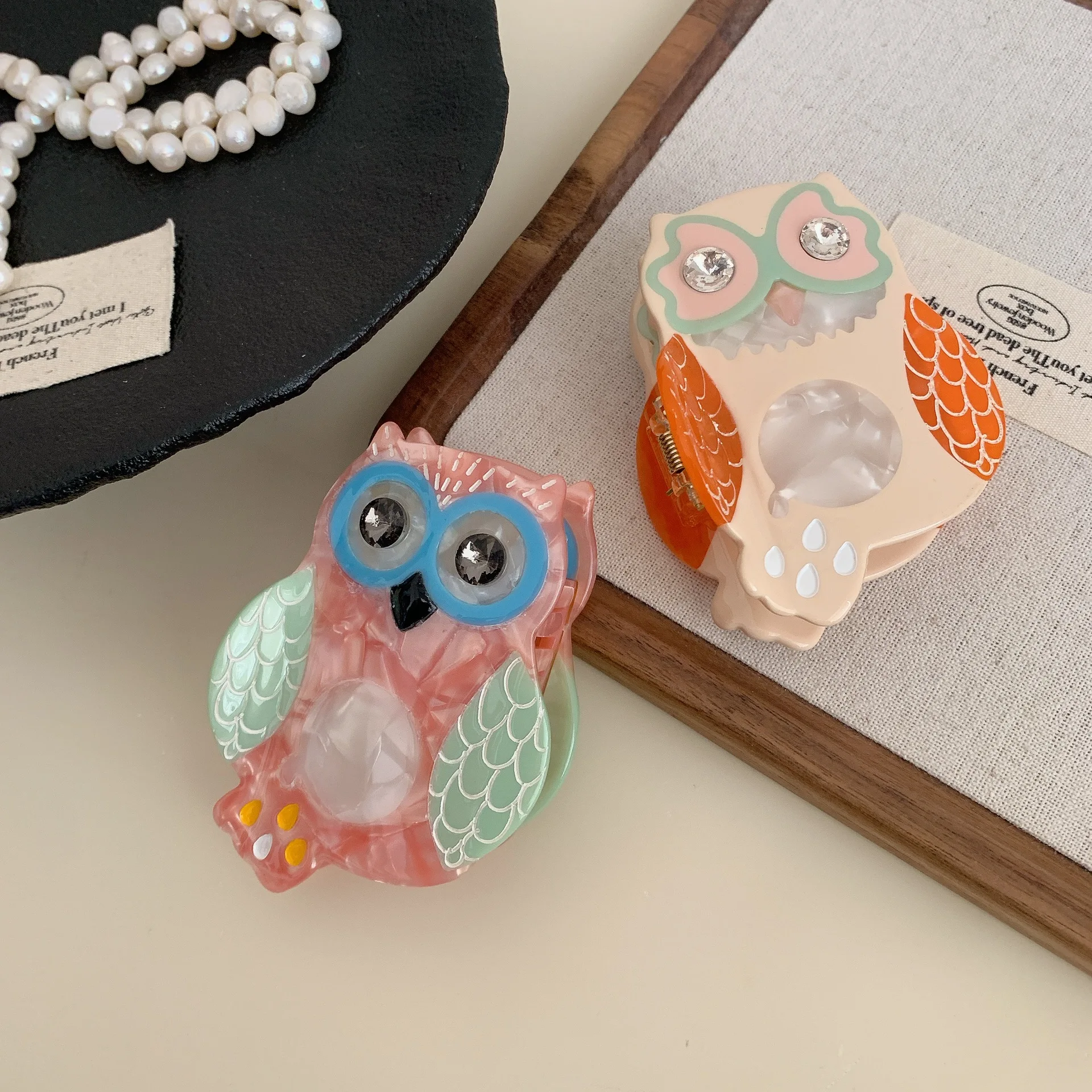 DuoShang Rhinestone Colored Owl Hair Claw Eco-friendly Acetate Claw Clips Animal Owl Crab Hair Clips for Women Hair Accessories