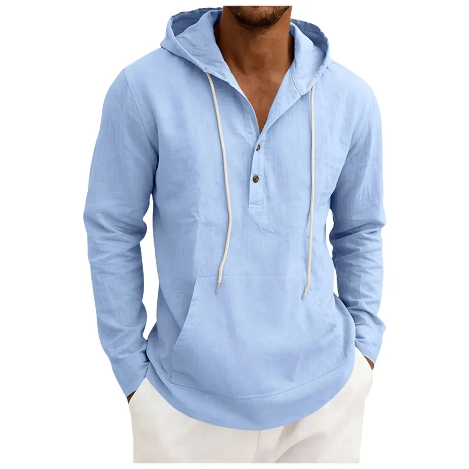 

Men's Beach Casual Shirts Thin Hooded Long Sleeve Shirt Drawstring Solid Button Blouses Male Streetwear Tops Mens Clothing