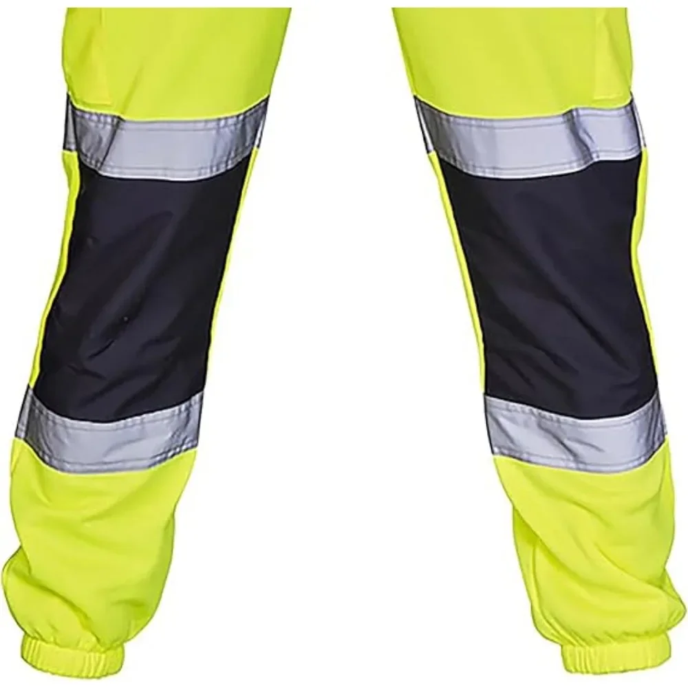 

Mens High Visibility Work Cargo Pants Drawstring Casual Pockets Safe Reflective Construction Elastic Waist Trousers