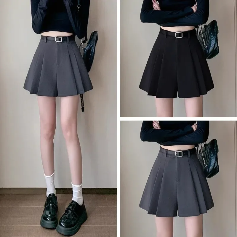 Grey Casual Suit Shorts Women's 2024 Summer New Style High-waisted Loose-fit Pants Slimming Wide-leg Skirt Pants Korean Style