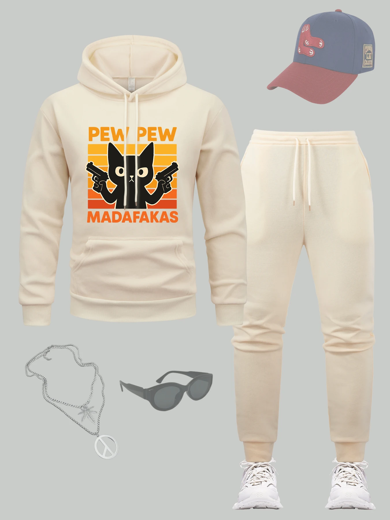 

Madafakas Double Gun Cat Print Мужской спортивный костюм Флисовый повседневный комплект с капюшоном Осенние свободные спортивные штаны Универсальная удобная спортивная одежда
