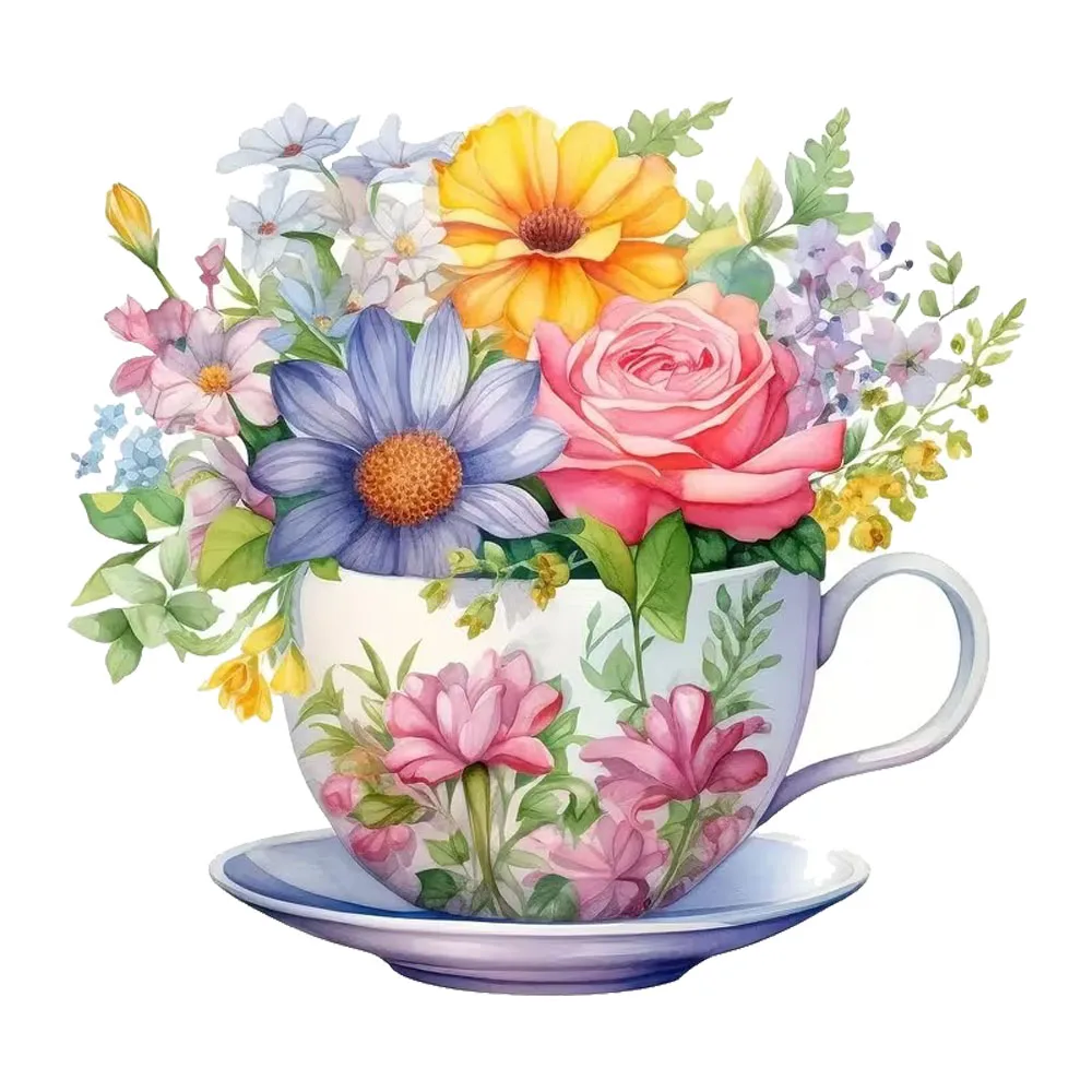 15cm Watercolor Flower Tea Cup Waterproof Car Decorative Decal, Suitable for Cars, Laptops, Bumpers, Glass Window Sticker