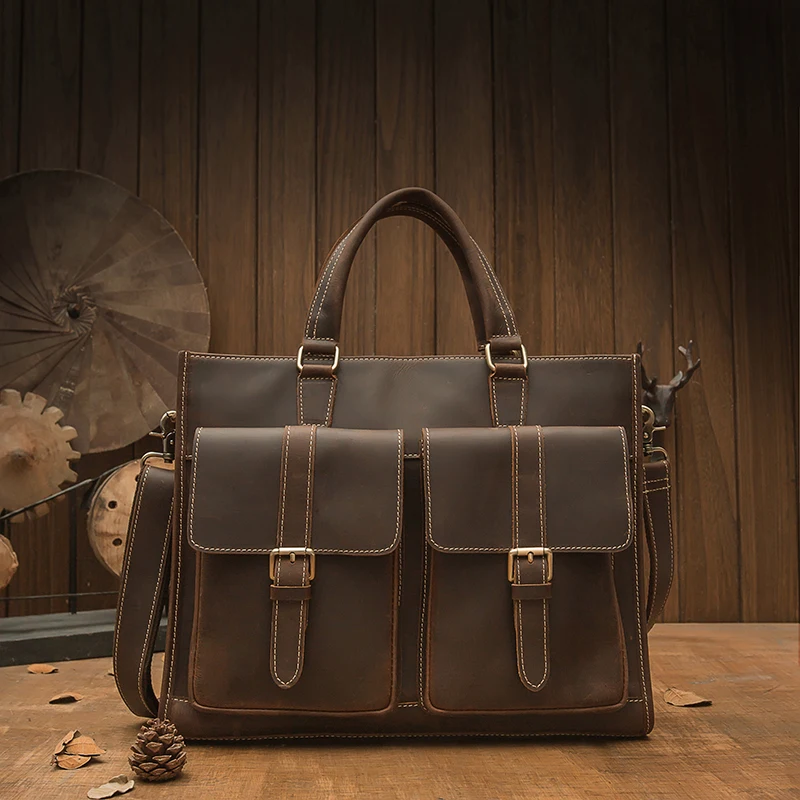 Echt Lederen Handtas Voor Mannen Crossbody Tas Vintage Koeienhuid Schoudertas Gekke Paardenleren Aktetas Casual Messenger Bag