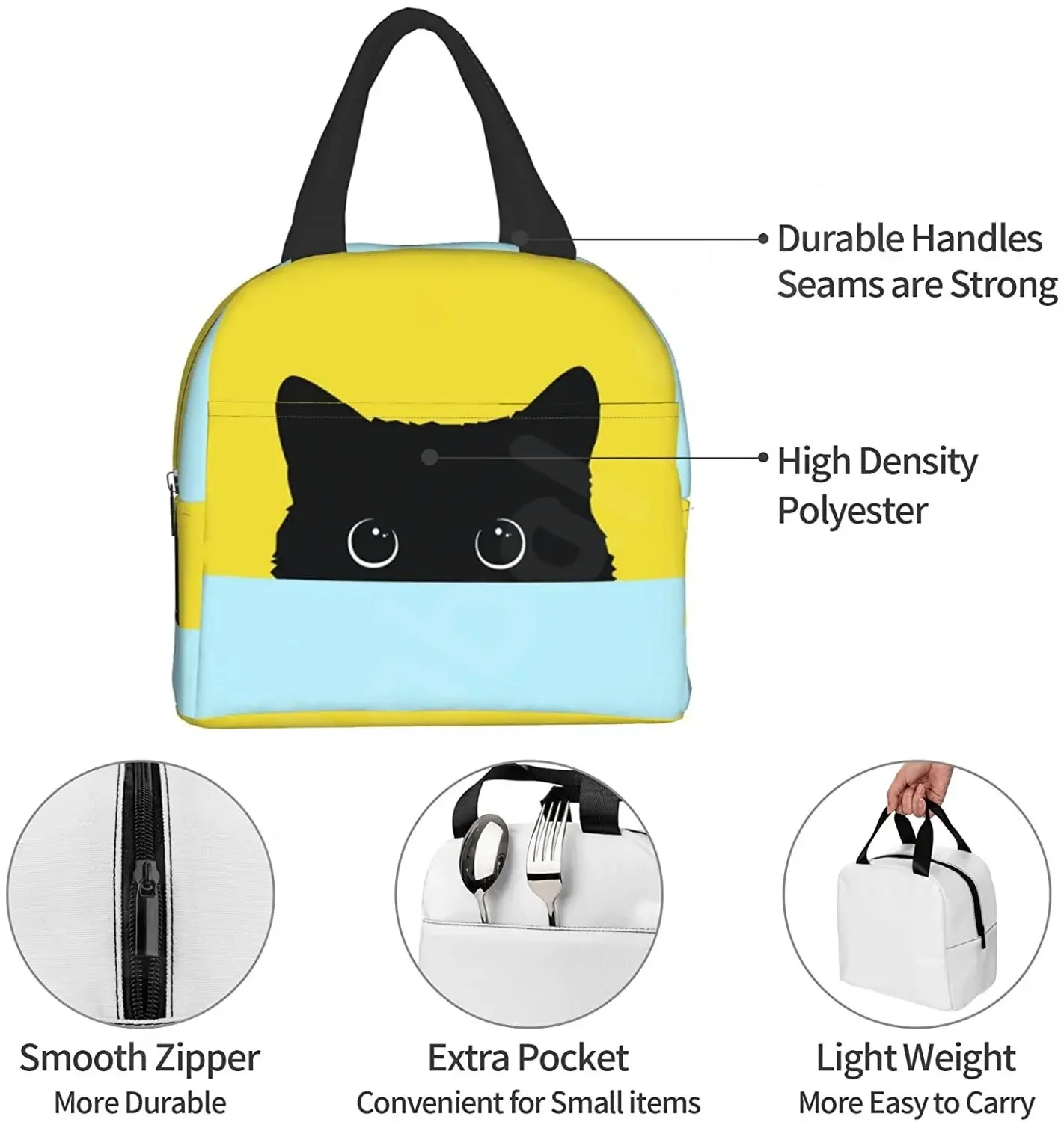 Cat Insulated Lunch Bag Reusable Cooler Thermal Tote Bag with Front Pocket for Women Men Travel Work Hiking Picnic Lunch Box