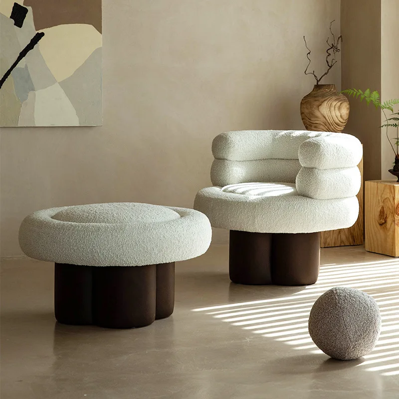 Architectural tiered terry upholstered chairs, sturdy hardwood base, sculptural teddy bear seat, perfect for designer lounge