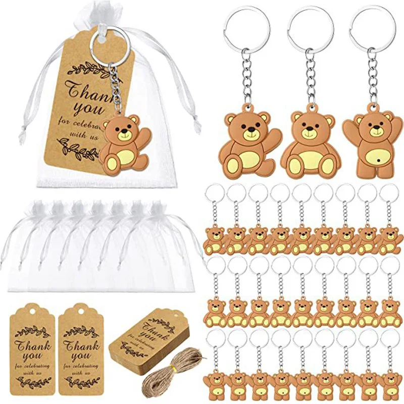 10pcs Cartoon Bear Keychain Baby Shower Souvenir Gift for Guest Kids Birthday Party Decoration Drawstring Candy Bag Paper Card