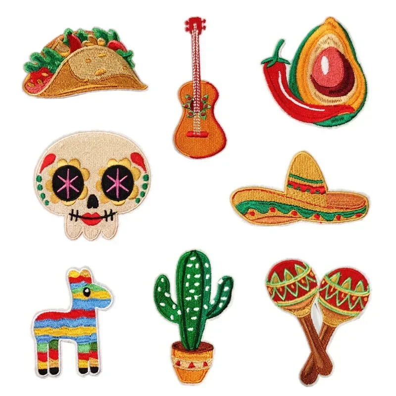 Mexican Symbols Embroidery Iron on Patch Guitar Skull Hat Festival Appliques for Day of The Dead Costumes DIY Cartoon Taco Badge