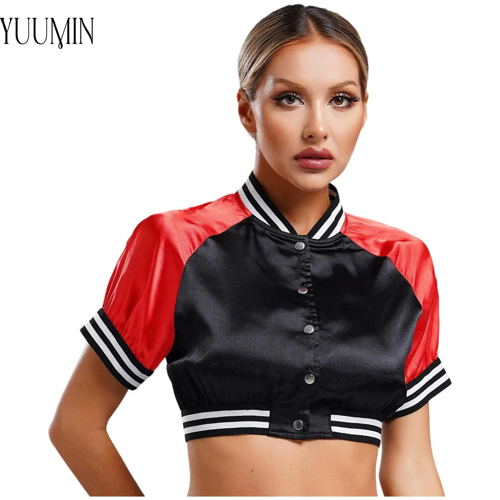 

Women Jazz Dance Hip Hop Stylish Crop Sport Top Satin Bomber Jacket Button-up Striped Edge Contrast Varsity Jacket Outerwear