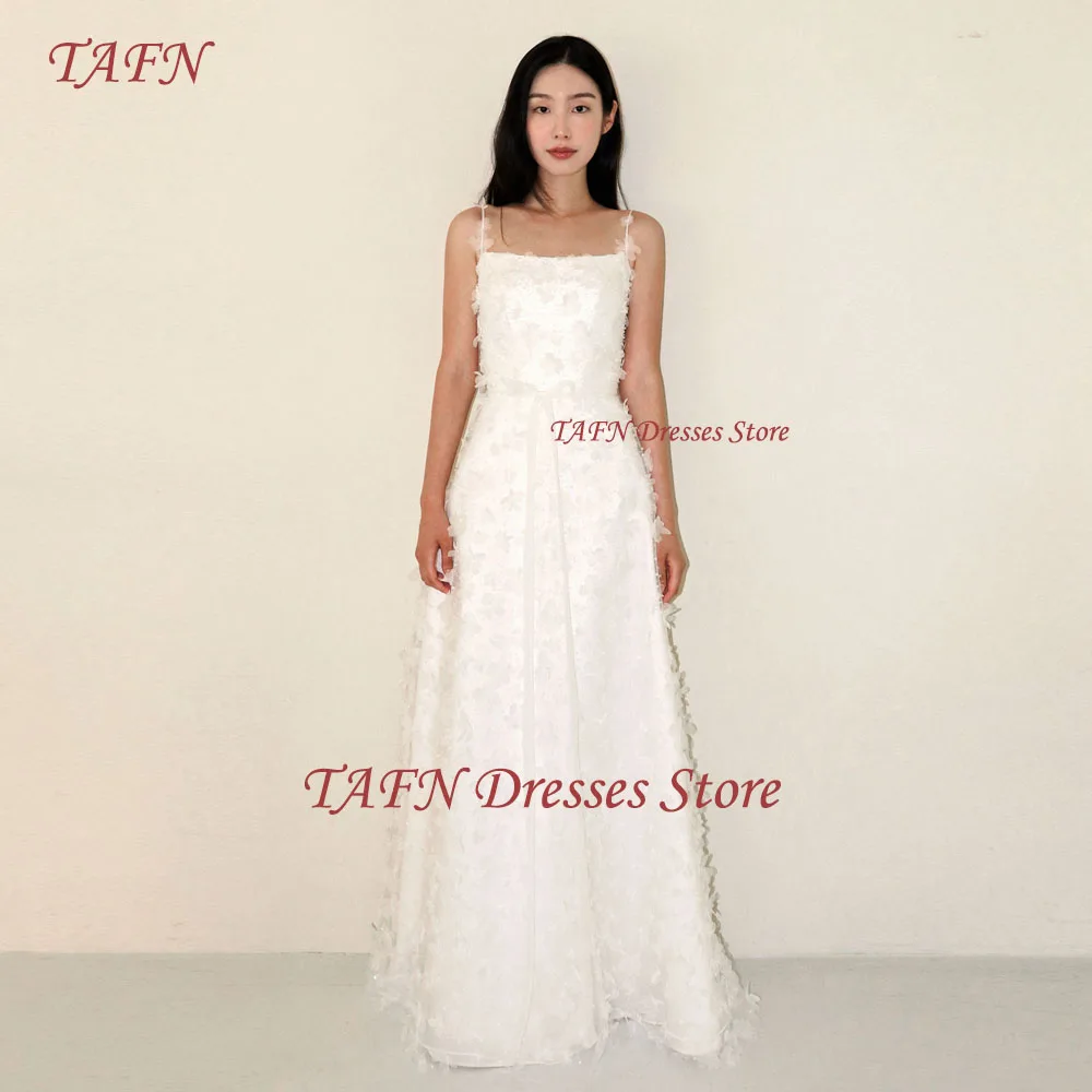 TAFN Korea Wedding Dresses Spaghetti Straps A-line Draped Floral Appliques Shiny Bridal Gown Photo Shoot Luxury Gown