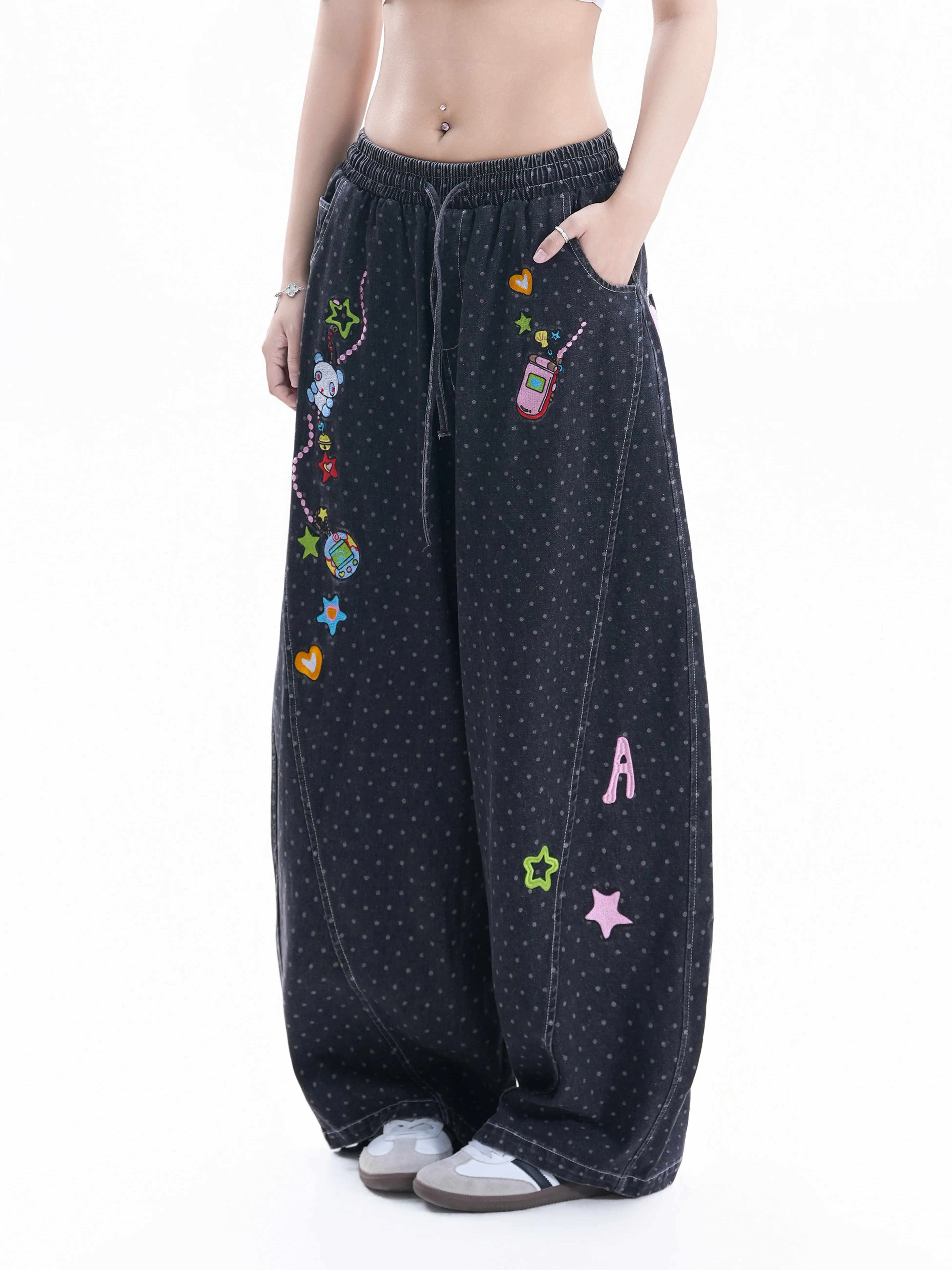 

American Style Oversize Cartoon Embroidery Denim Pants Women's Wide Leg Jeans Summer Cotton Natural Waist Small Ball Ball