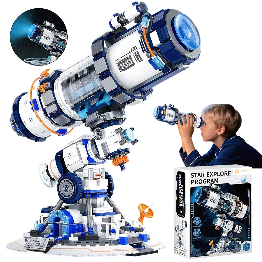 Kit de construction de modèle de télescope avec éclairage – 3 niveaux structurels (corps de l'axe de la plateforme étoilée) – Comprend une sonde et une plaque commémorative – Cadeau d'anniversaire ou de Noël pour adultes et enfants