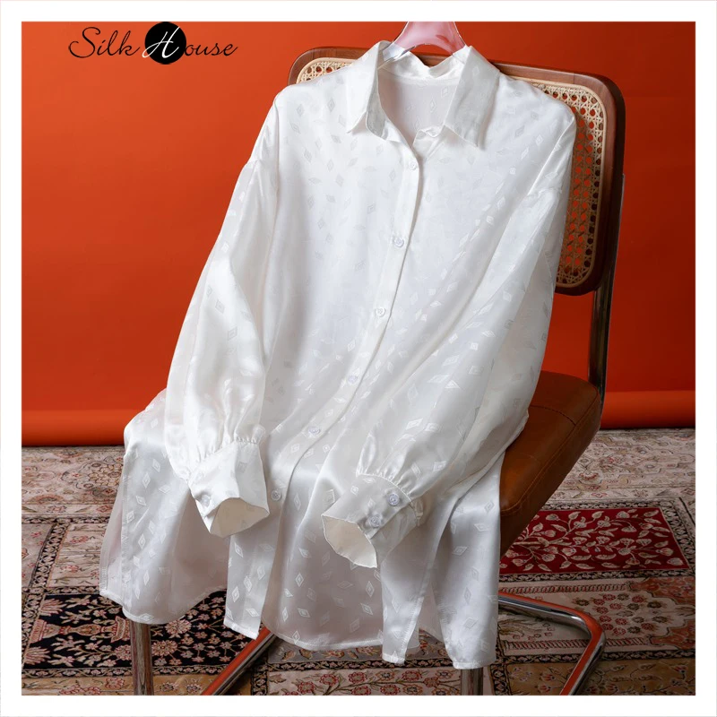

Light Luxury Glossy 19MM 100% Natural Mulberry Silk Diamond Jacquard Satin Square Neck Long Sleeve Women's Fashion White Shirt