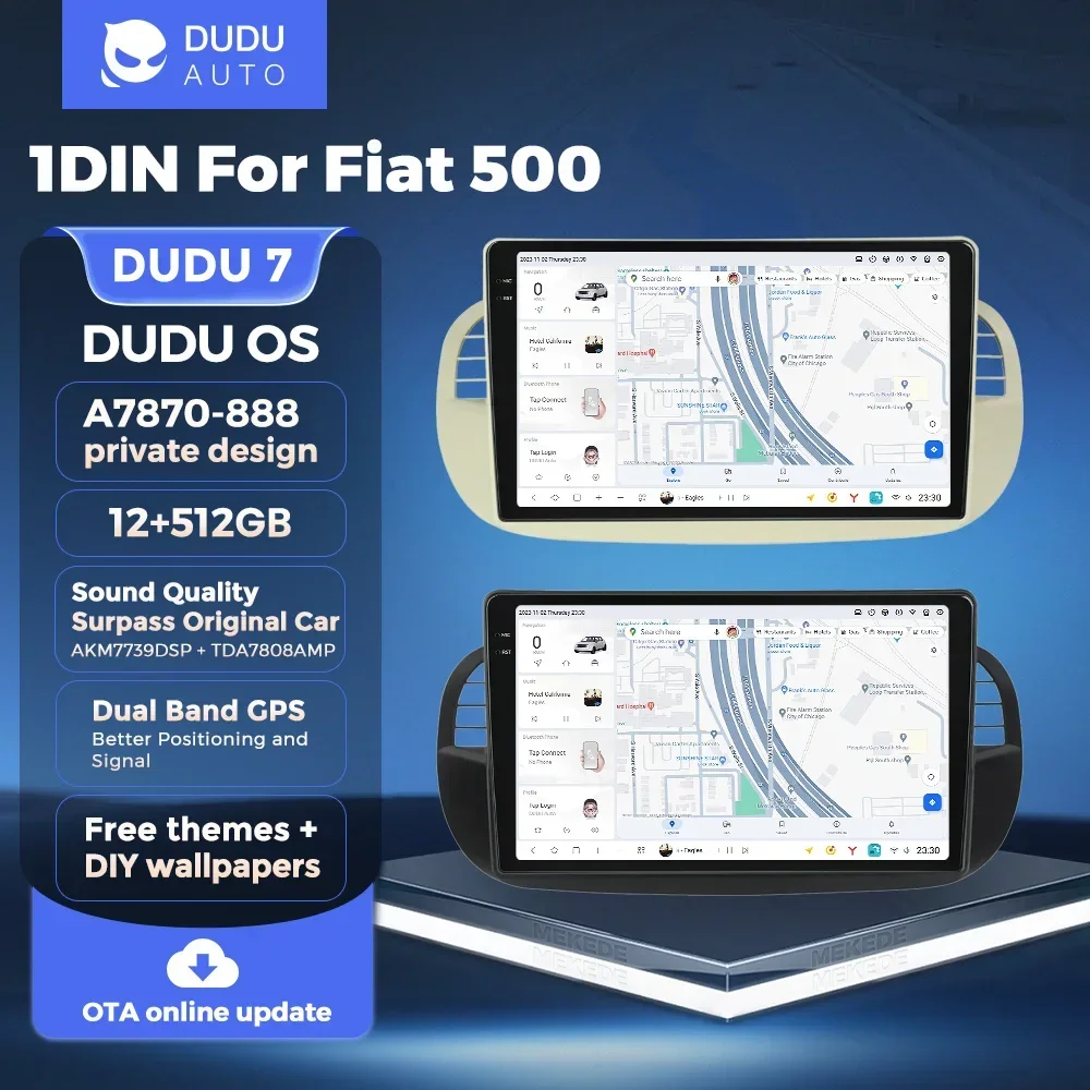 DUDU7 Pure Android 13 12+512GB Car Intelligent Navigation GPS 1DIN For Fiat 500 2007-2014 4G LTE WIFI Wireless Car-Play+Auto