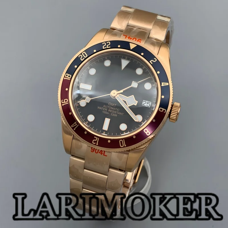 LARIMOKER 39mm Men's Automatic Mechanical Watch Stainless Steel Full Gold Rose Gold Date Window Green Luminous Fit NH34 Movement