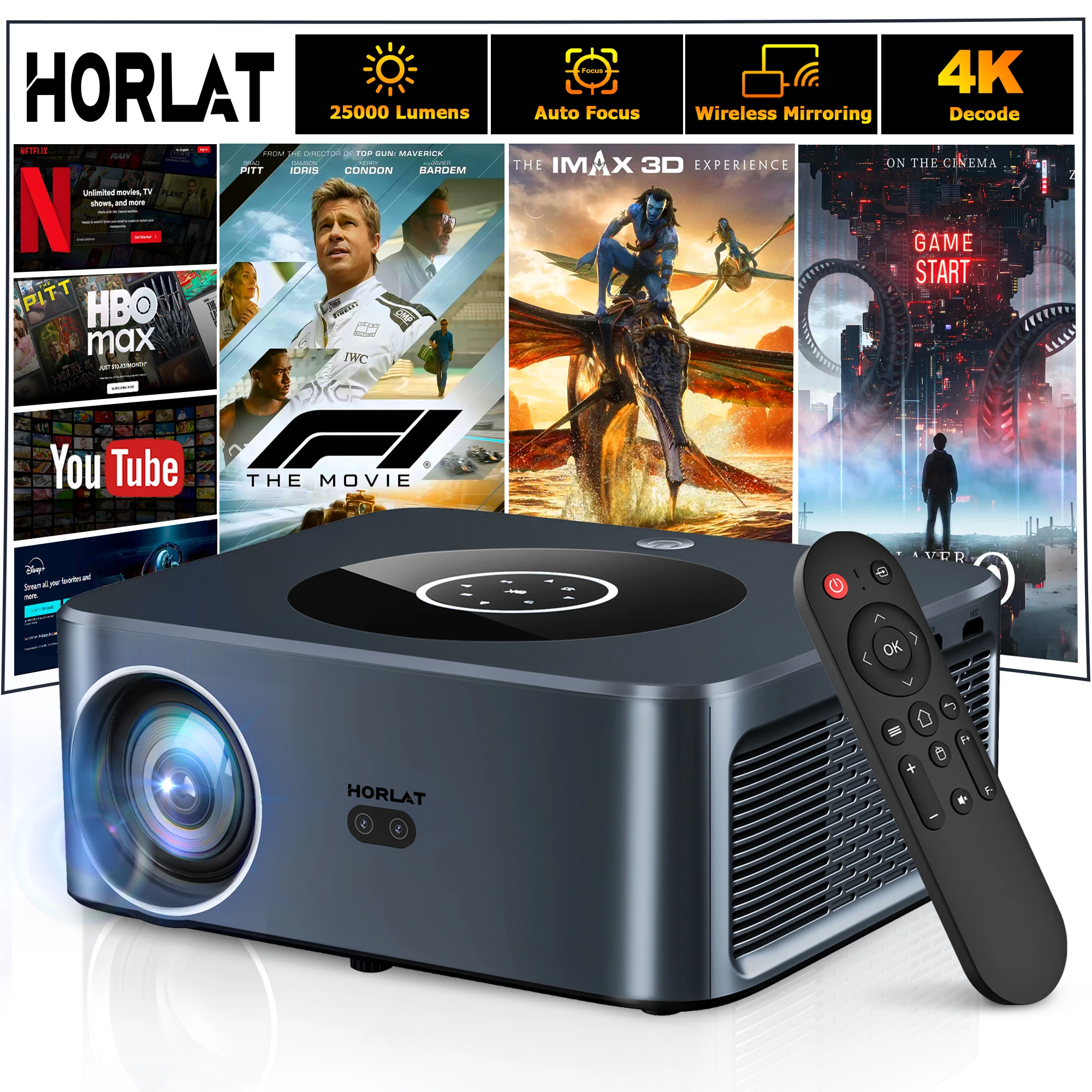 

HORLAT ЖК-проектор Android, 25000 люмен, светодиодный 4K, умный домашний кинотеатр, Full HD, автофокус, родной 1080P, Bluetooth, 5G, Wi-Fi, видеопроектор