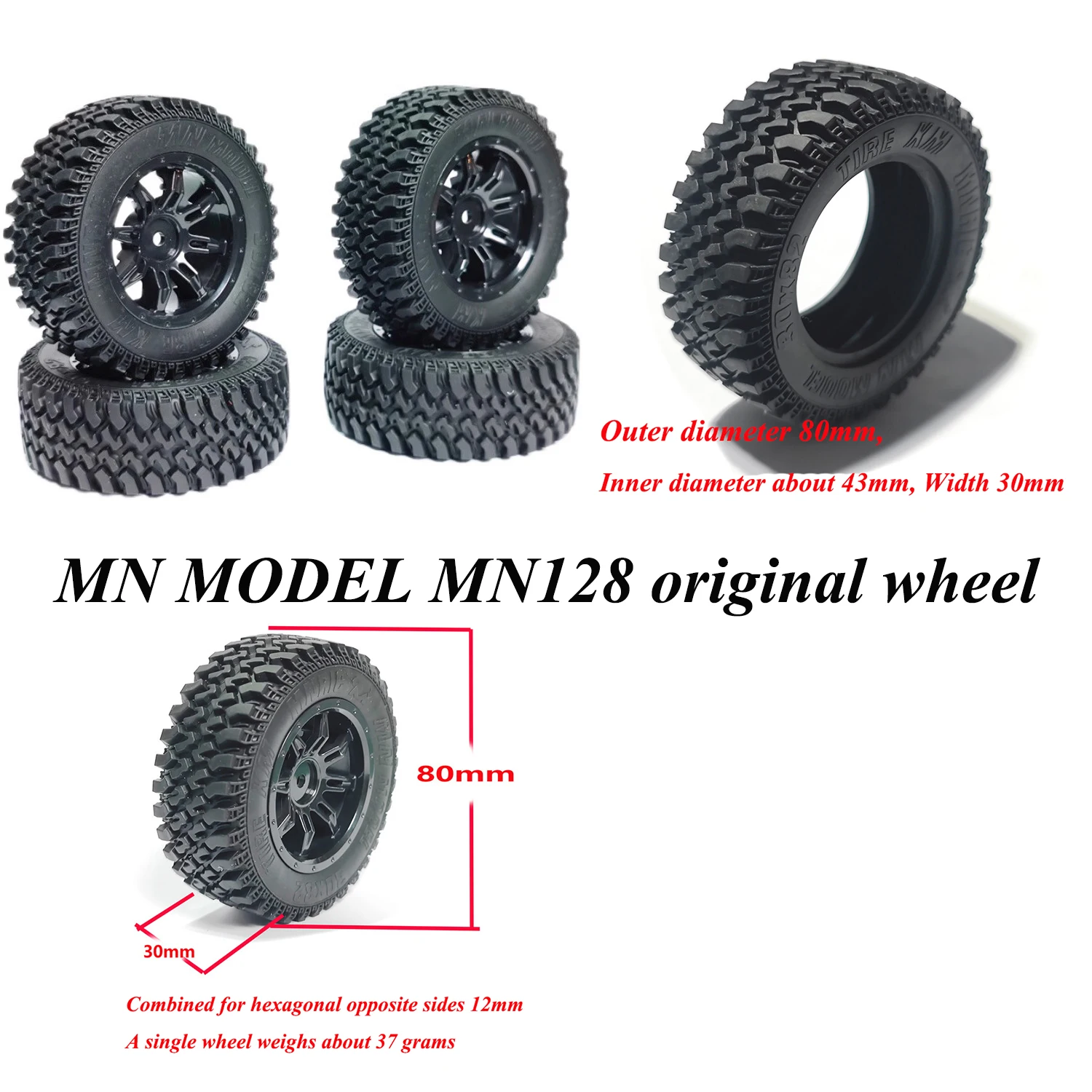 MN MODEL MN128 RC Car Spare Parts Original Wheels Rubber Hollow Tires 80mm Outer Diameter Tires 12mm Combined