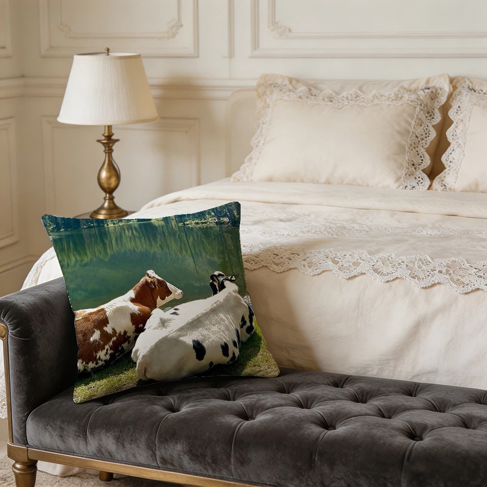 1PC Throw Pillow Cover,Cow Lake Landscape Print,Farmhouse Nature Style,For Sofa Bedroom Couch Home Decor