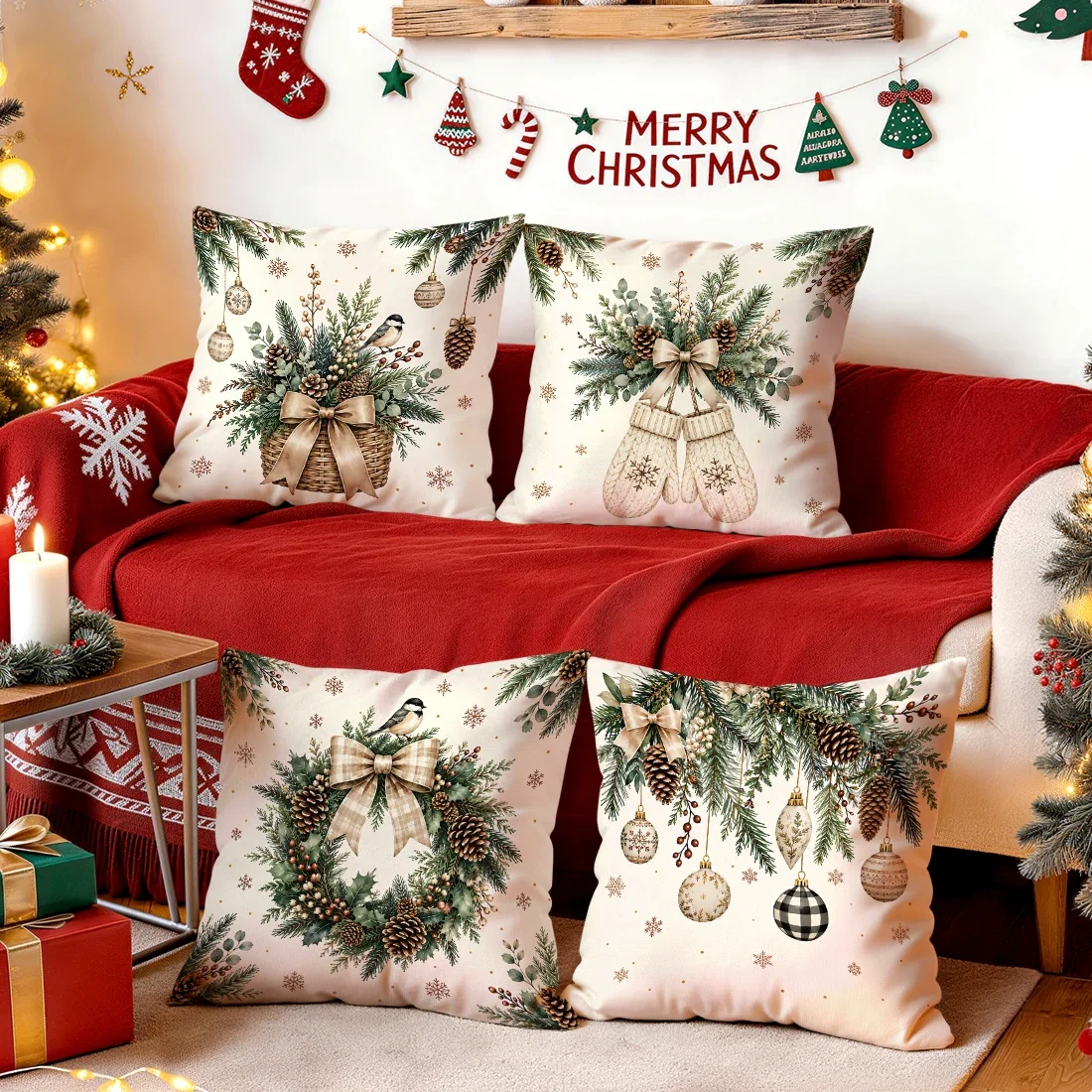 1/4pcs Winter Snowflakes Pine Branches Cushions Pillowcase Polyester Cushion Cover Throw Pillow Pillowcover Home Car Sofa Decor