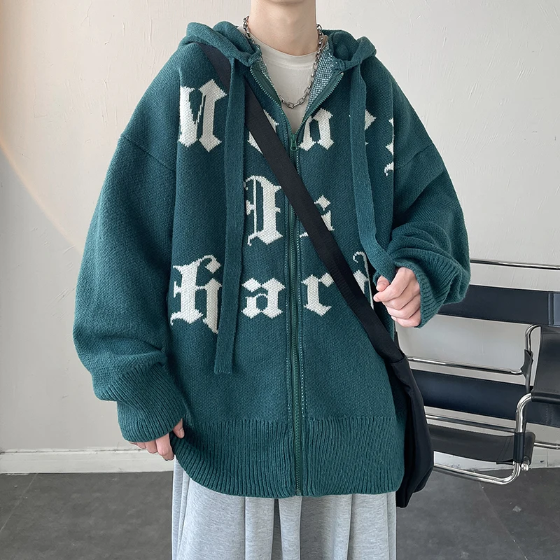 

Men's Thiened Knitted Cardigan Winter Warm Hooded Jaet Letter Floing Sweater Trendy Top High-End Feeling Loose Fit Casual