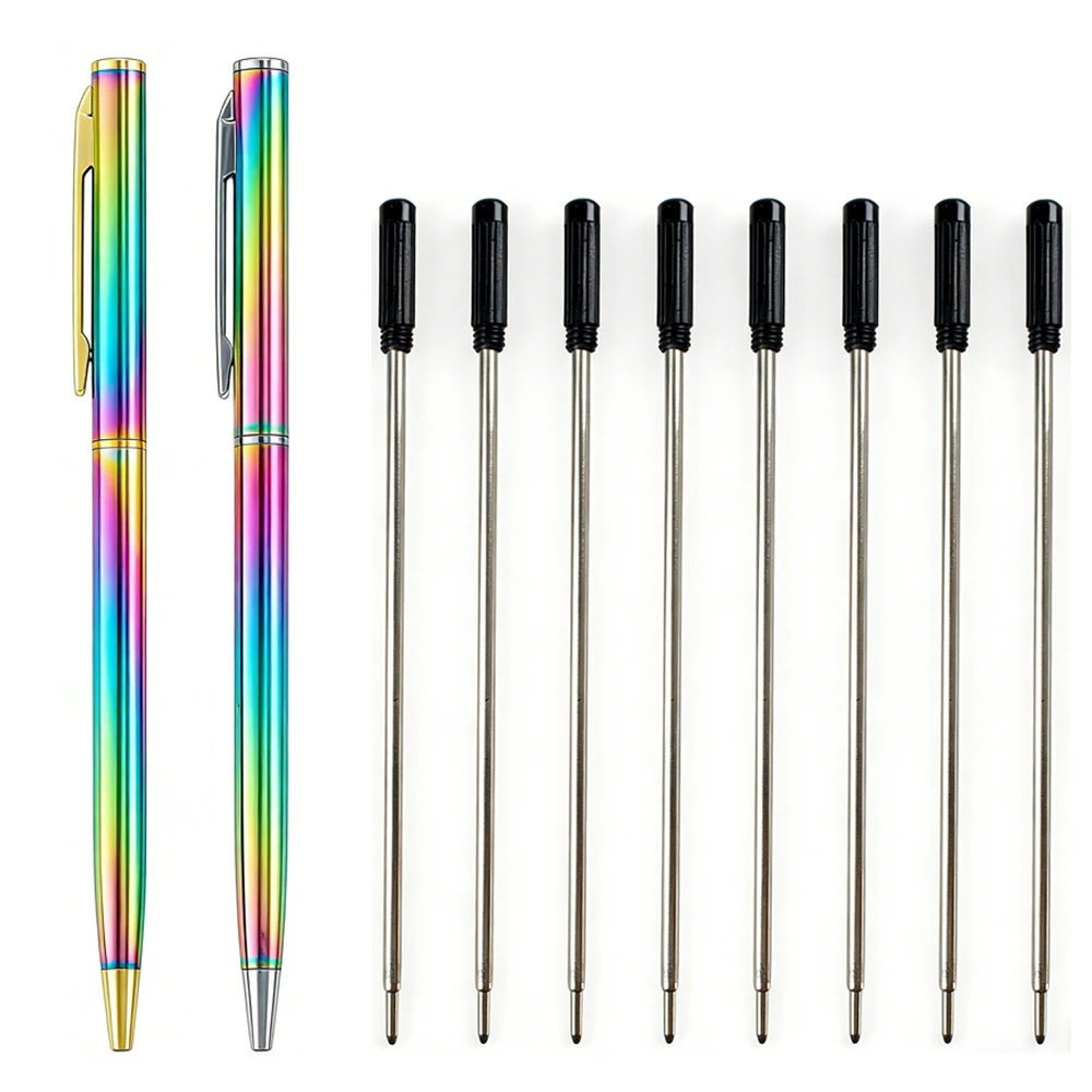 

2Pcs Rainbow Iridescent Colorful Metal Ballpoint Pen with 8 Refills Set 0.7mm Fine Point Black Ink Fashionable Gift Stationery