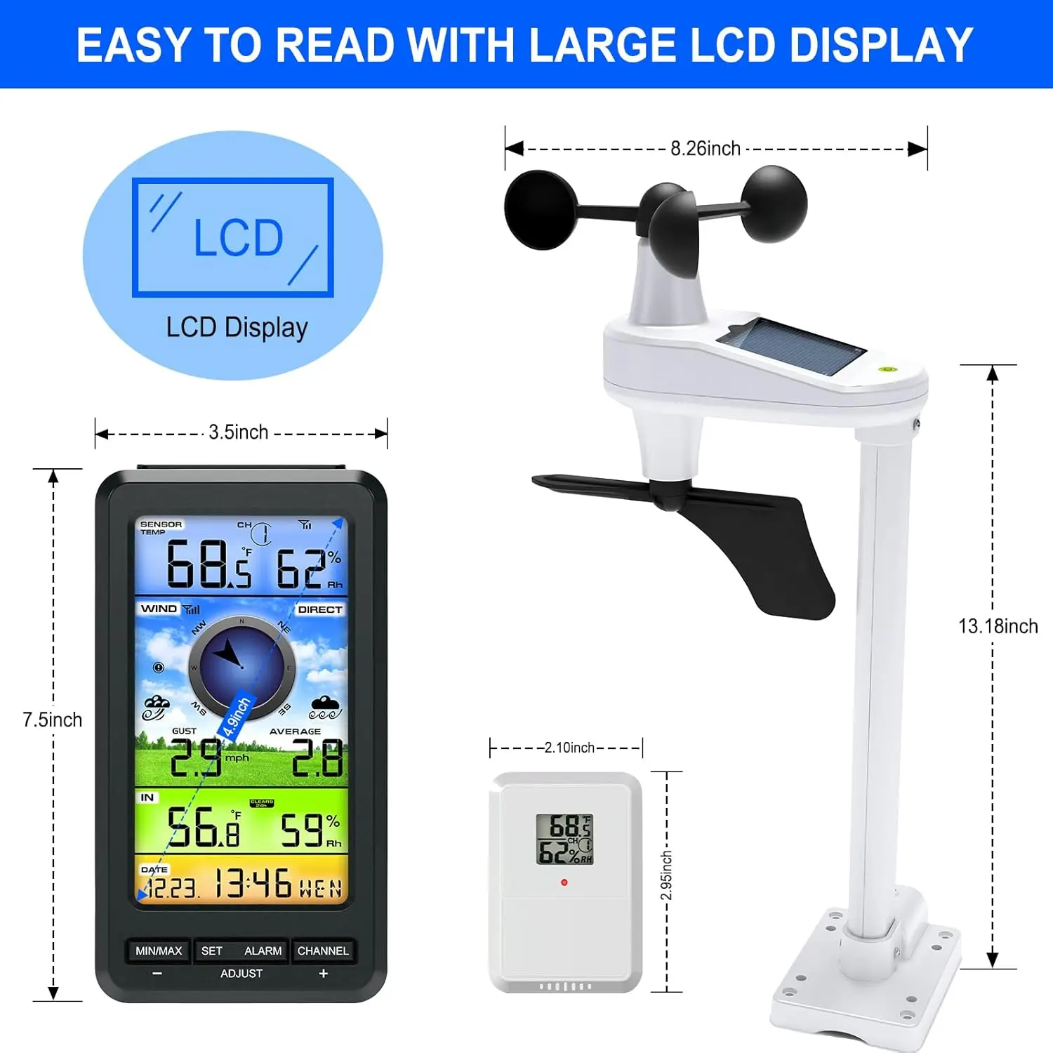 Weather Station Wireless Indoor Outdoor with Remote Sensor with Wind Speed/Direction Thermometer Hygrometer (No WiFi)