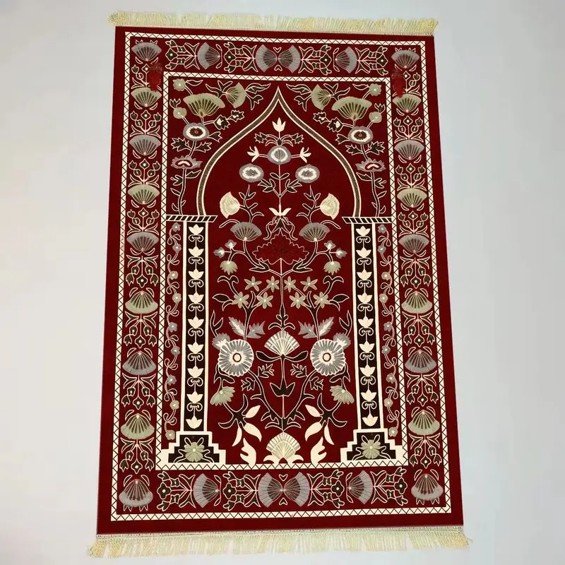VIKAMA Velvet Islamic Salat Mat Classic Red Floral Arch Mihrab Design Portable Anti Slip Prayer Rug Eid Mubarak Home Gift