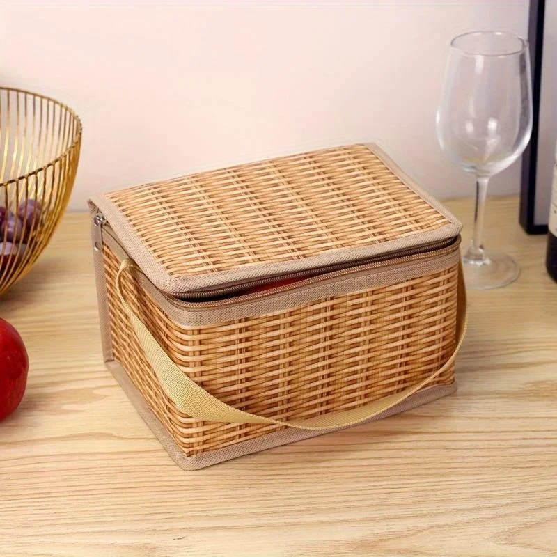 1pc New Portable Wicker Rattan Food Container Basket Insulation Bag Lunch Box Picnic Bag for Outdoor Camping