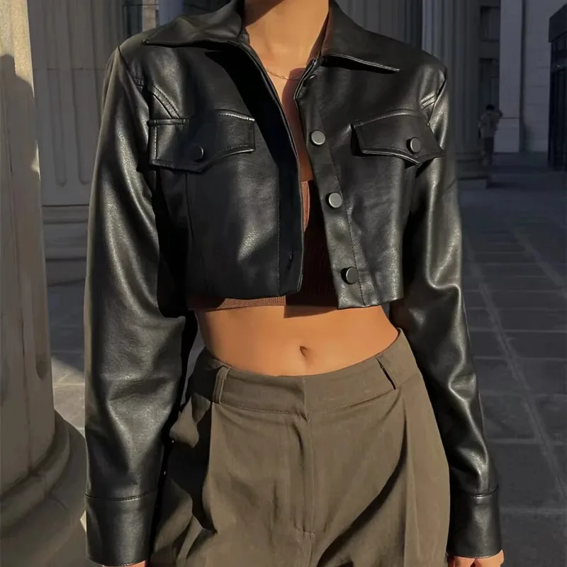 Jaqueta curta feminina de couro sintético – gola virada para baixo estilo Y2K casaco PU com detalhes de botão, streetwear inspirado no Grunge