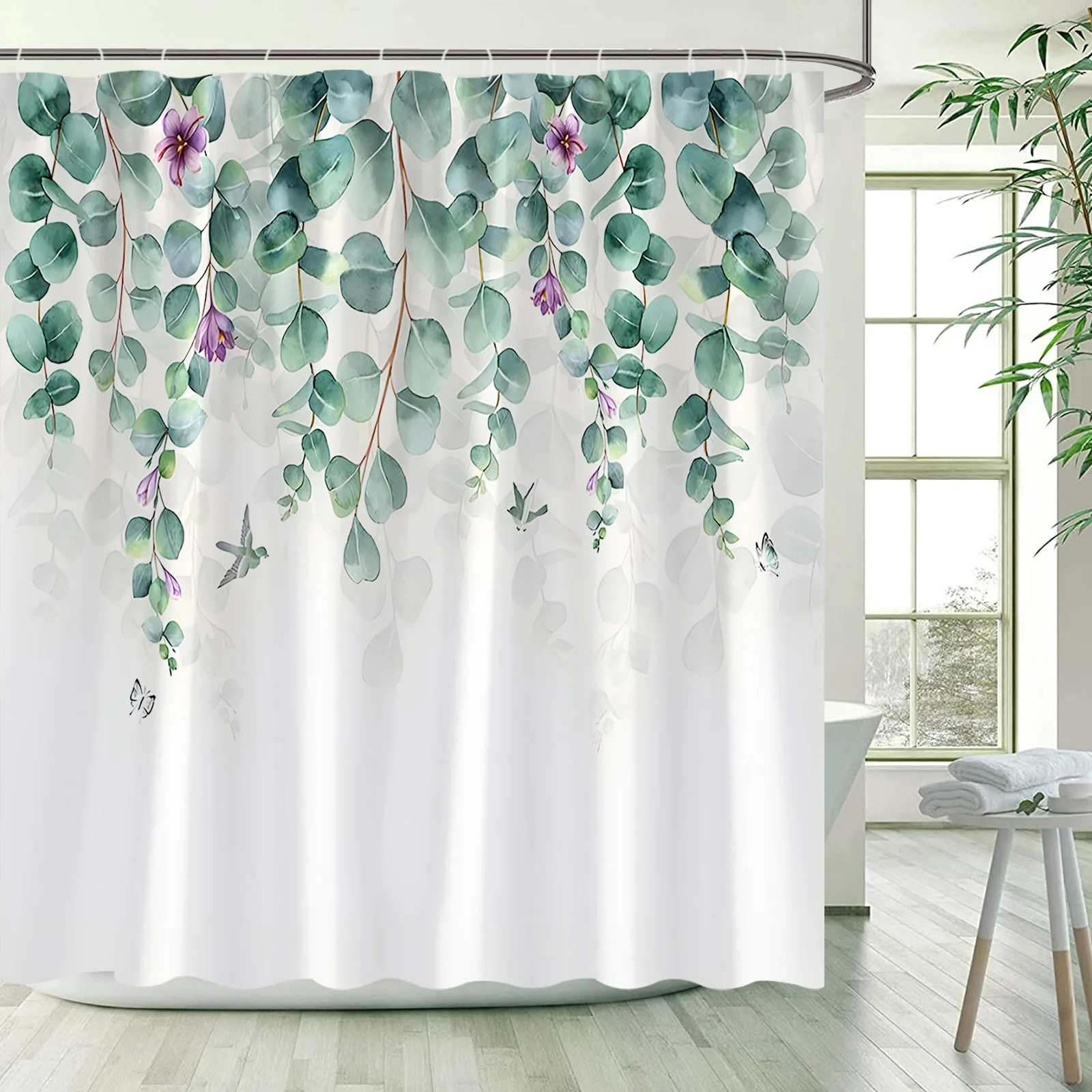 Floral Shower Curtains Watercolour Flowers Plants Spring Vines Leaves Bath Curtain Polyester Fabric Bathroom Decor with Hooks