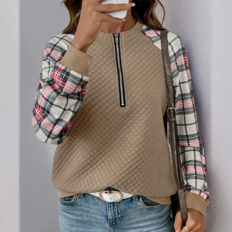 Autumn Winter Versatile Office Commuting Half Zipper Plaid Color-blocking Pullover Jersey Invierno Mujer Sudaderas Con Estampado