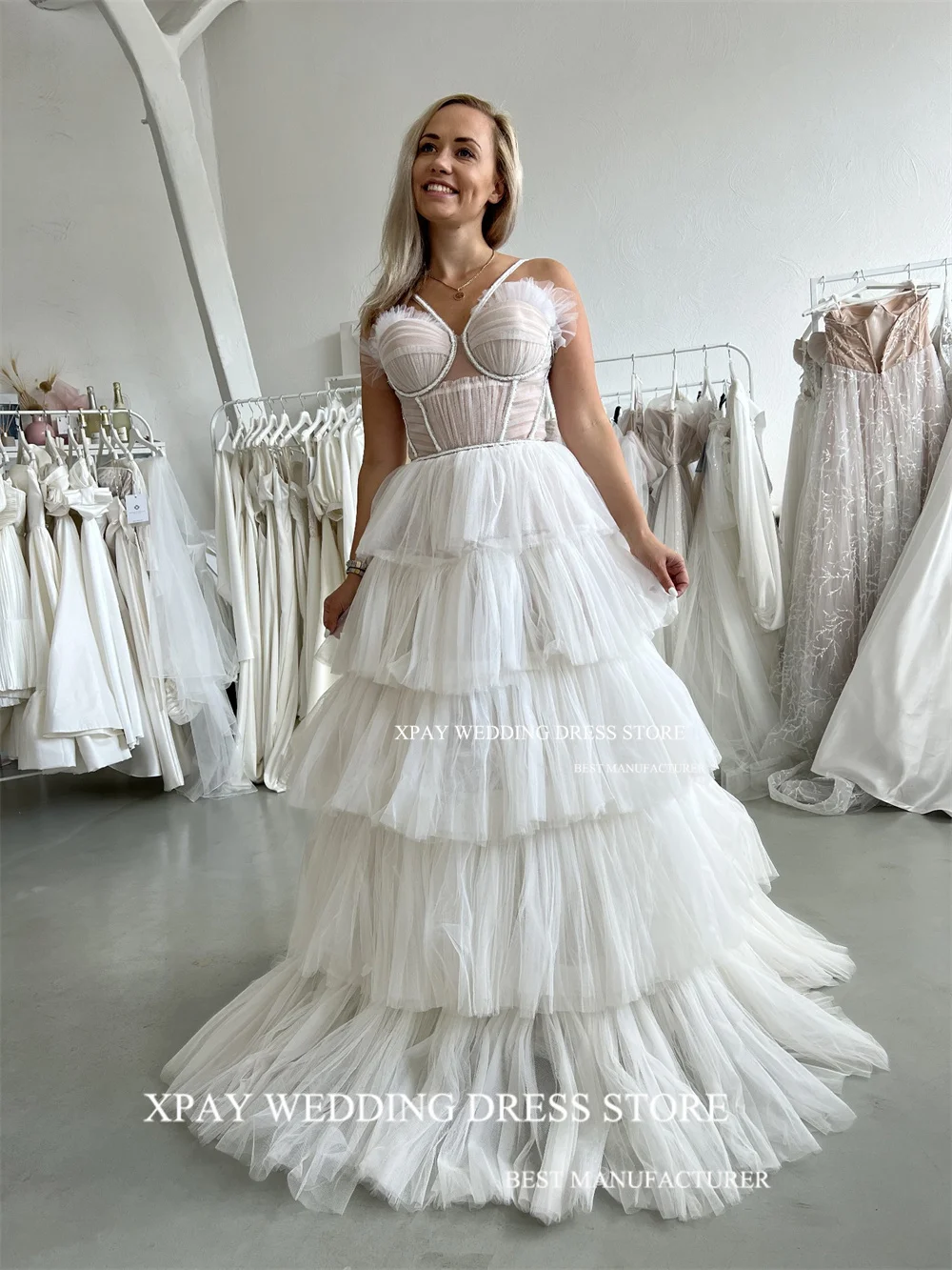 XPAY-vestidos de novia con cuello Halter y escote en forma de corazón, vestidos de novia sin mangas escalonados de tul recortados, vestidos de novia románticos personalizados con espalda descubierta