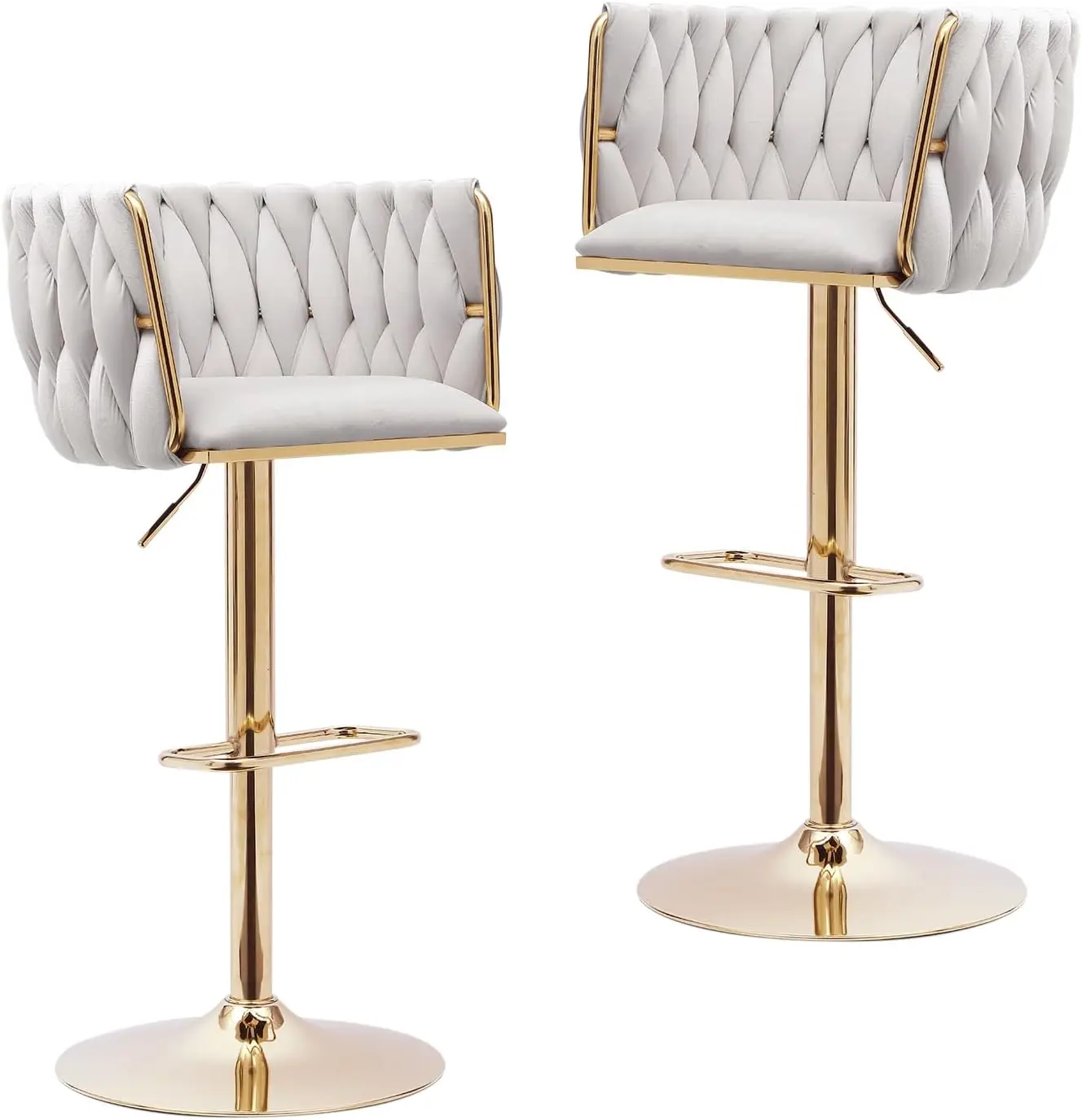 طقم مقاعد بار مخملية مكونة من قطعتين، ارتفاع عداد دوار، قابل للتعديل مع ظهر منسوج ومسند للقدمين، عاجي