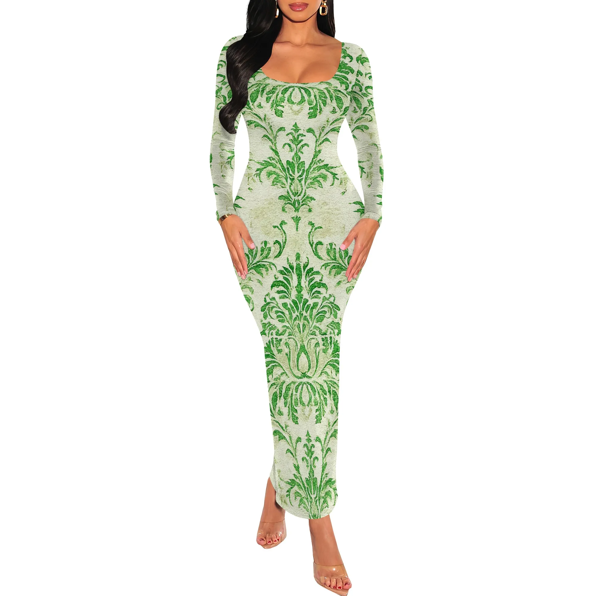 Abito lungo da donna con stampa floreale Abito lungo casual con scollo quadrato di base Abito aderente aderente da club per feste a maniche lunghe morbido e aderente