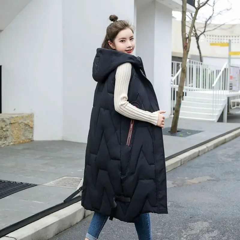 2024 Oversized Cotton Vests Sleeveless Coat Women Autumn Winter Hooded Waistcoat Puffer Parkas Long Warm Down Cotton Outwear