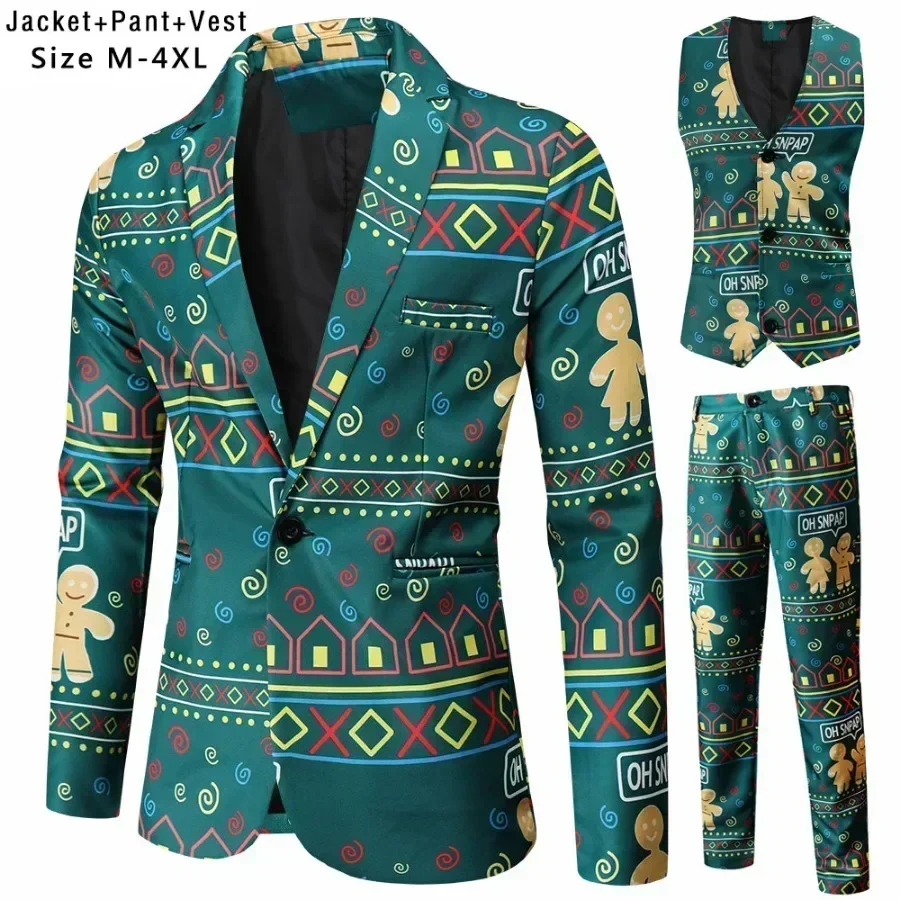2026 Funny Christmas Cartoon Men's Printed 3 Piece Sets (Blazer+Vest+Pants) Fashion Prom Party Stage Dress Up Halloween Costumes