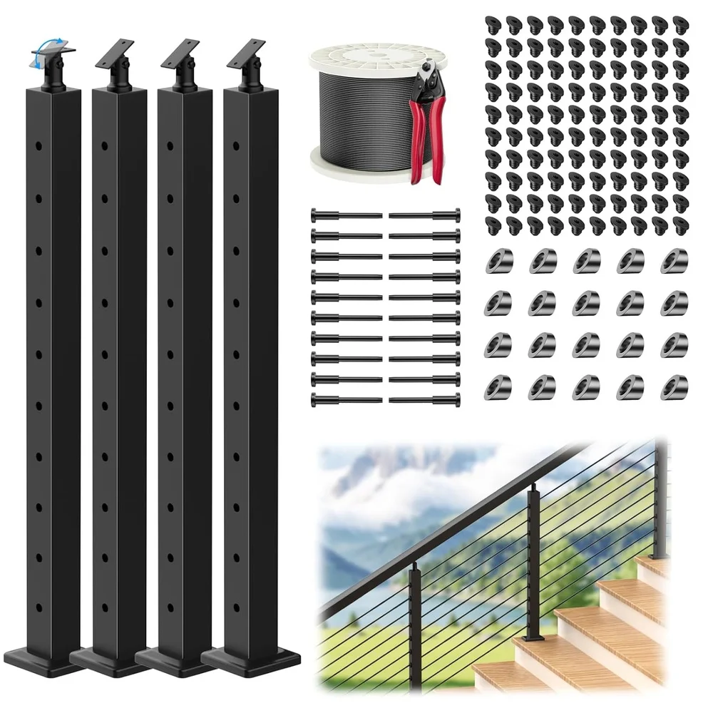 Adjustable Stair Cable Railing Post Kit Stainless Steel Complete Set 4 Pack DIY Installation 35 Angle Compliance Easy Assembly