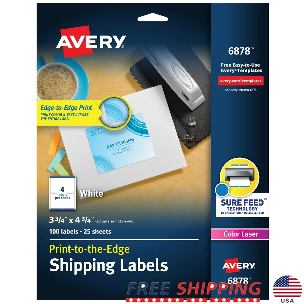 

Customizable Shipping Labels 3-3/4 x 4-3/4 100 Pack Permanent Adhesive Full-Bleed Print High-Quality Color Laser Printer