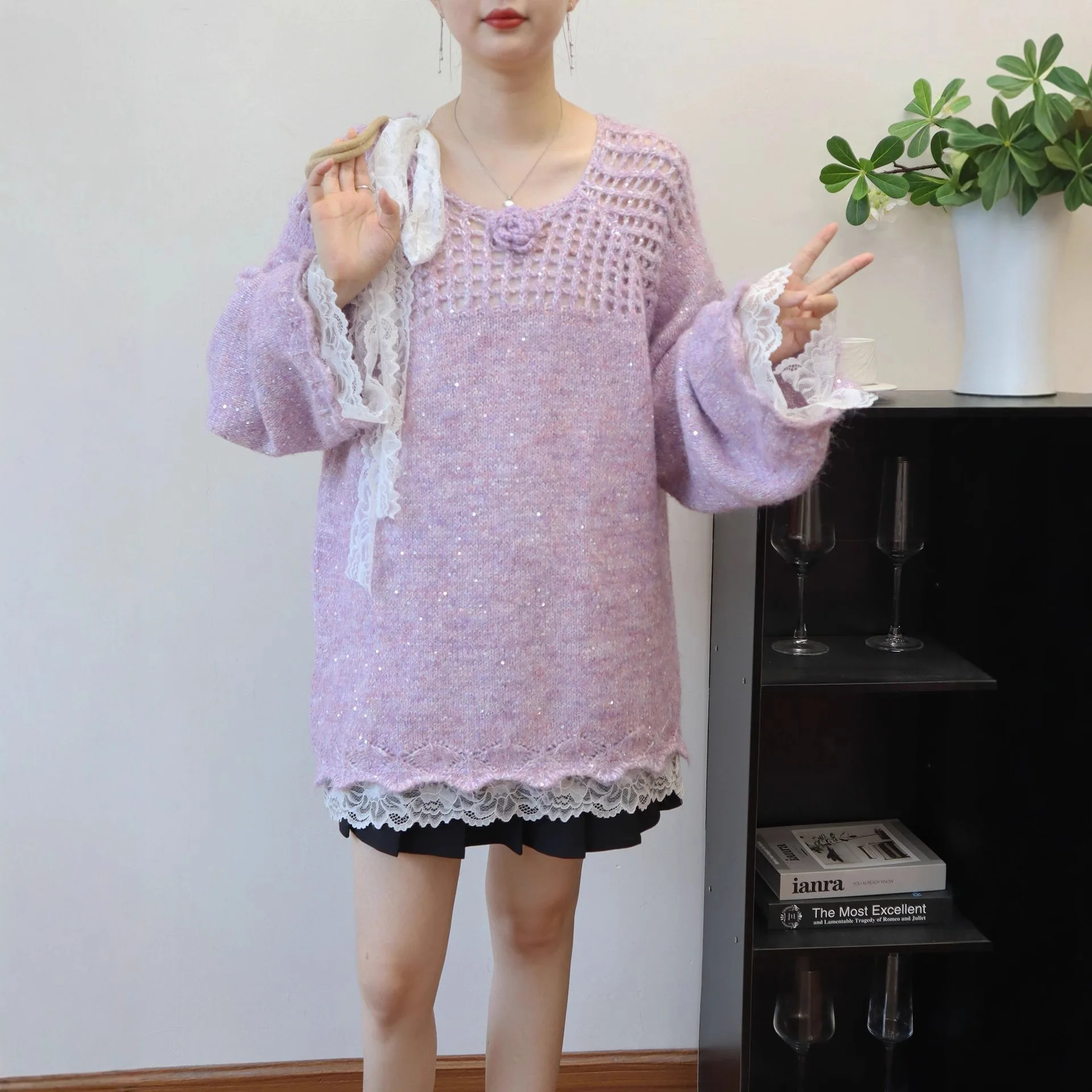 Women Cut Out Pullover Sweater Laces Spliced Jumper Sequin 3D Floral Lace Up O Neck Long Sleeve Loose Elegant Casual 2025 Autumn