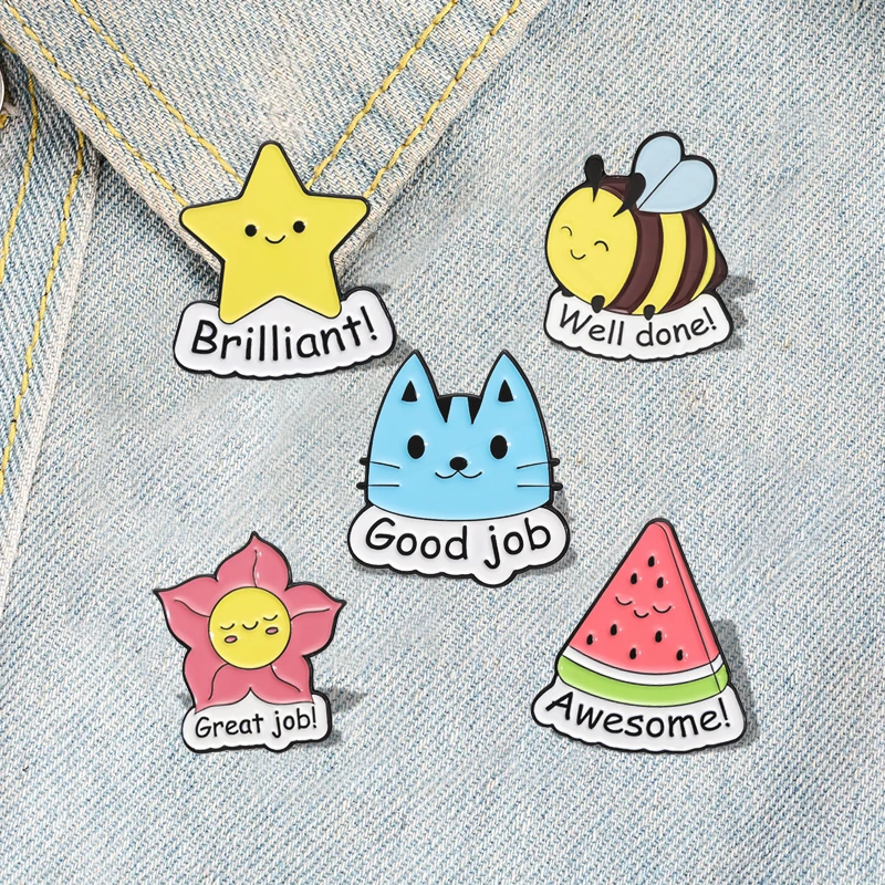 Done Good Job Pines Lapel Badges Cartoon Cat Bee Jewelry Gift for Kids Friends Cute Animals Plants Enamel  Brooch Custom Well