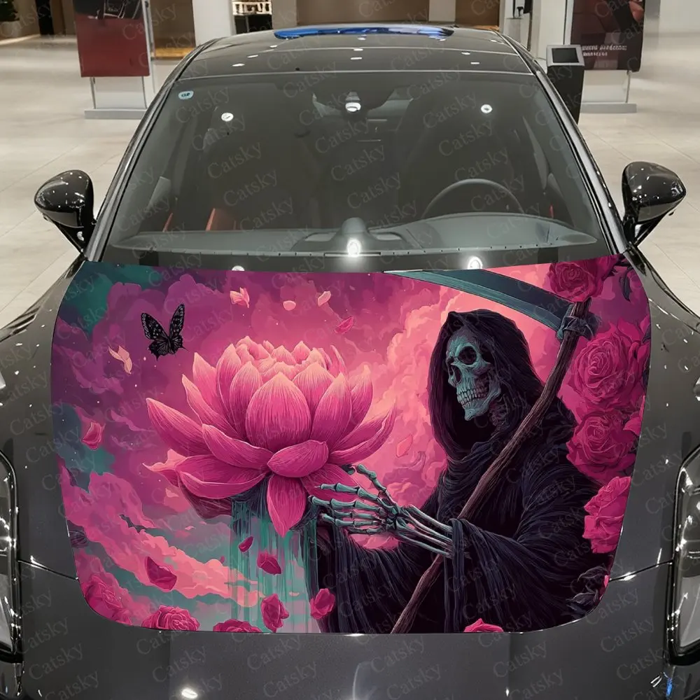 

Reaper & Blooming Floral Cluster Car Vinyl Wrap, PVC Waterproof Car Hood Sticker, Self-Adhesive Scratch-Resistant Stickers